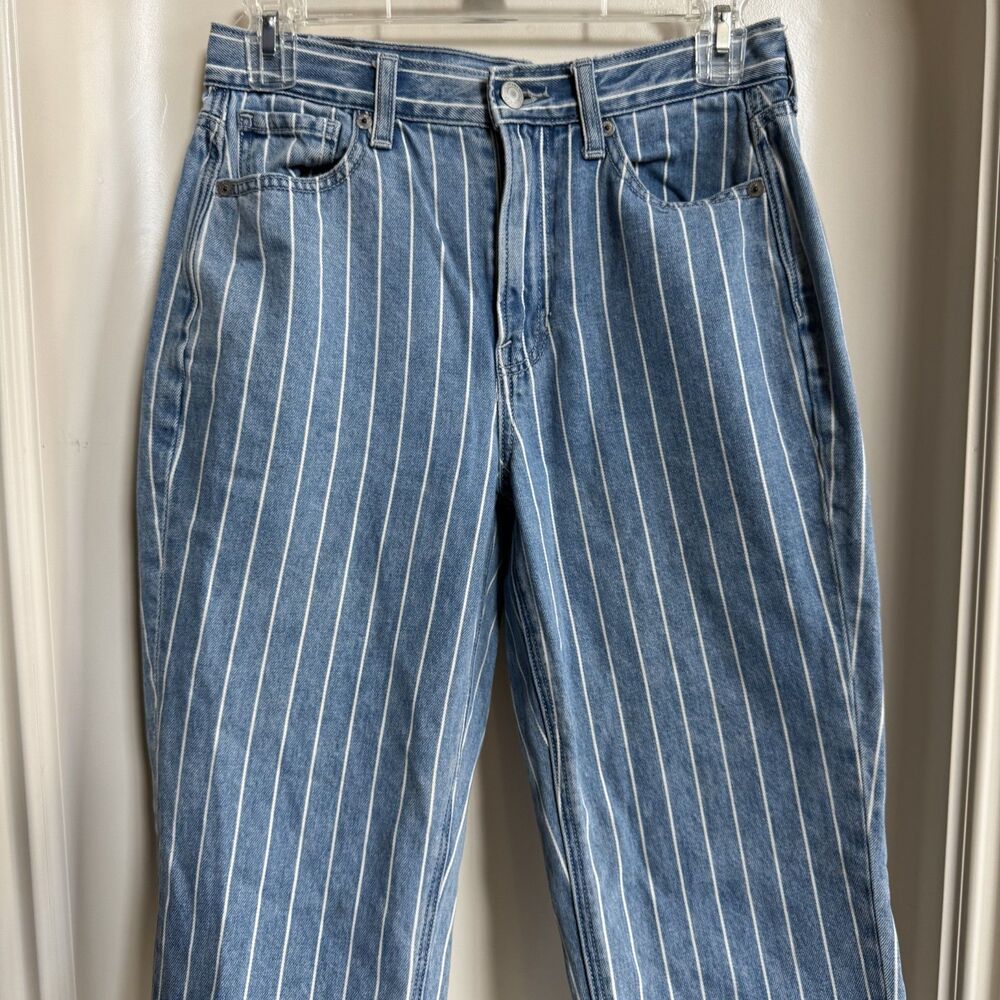 American Eagle High Rise Denim Blue and White Striped Mom Jean Size 0 Long